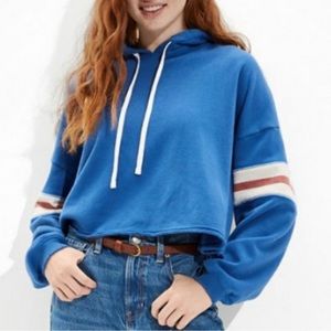 American Eagle fleece cropped boxy hoodie athletic striped